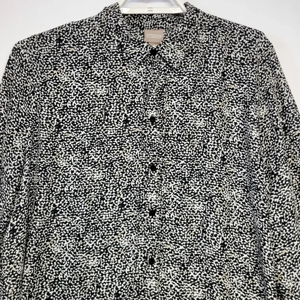 Chicos Shirt Womens XL Black White Animal Print Button Front Long Sleeve Top Mod - Picture 5 of 15